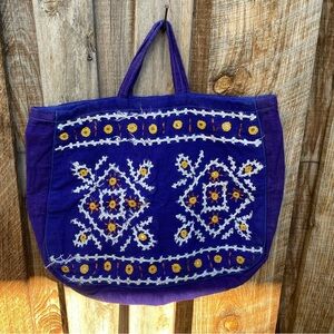Embroidered Boho India Blue Tote Bag with mirrors